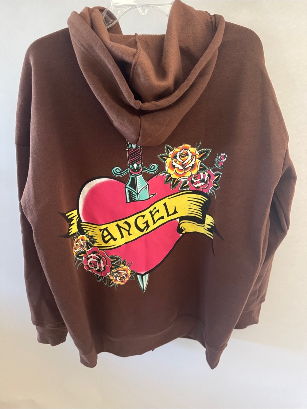 Y2K Brown Zip-Up Hoodie with Pink Heart 'Angel' Patch Ed Hardy Vibes